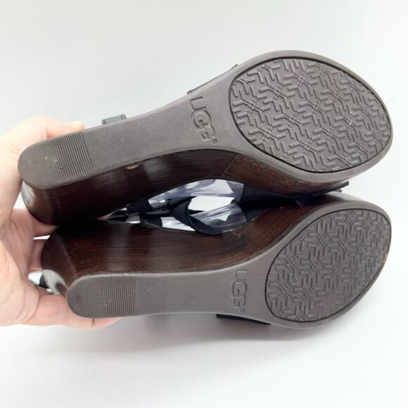 UGG Sedona Black Tie Strap Wedge Heel Sandals Genuine Leather Size 8 Summer Boho - Picture 12 of 16